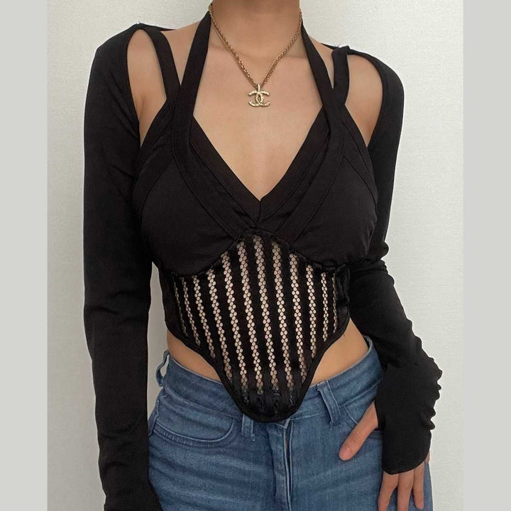 Hollow out halter solid gloves long sleeve crop top - Final Sale