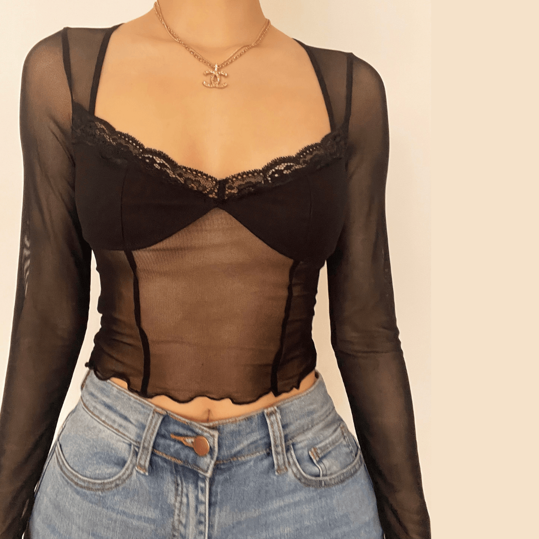 Hem lace ruffled long sleeve mesh crop top - Halibuy