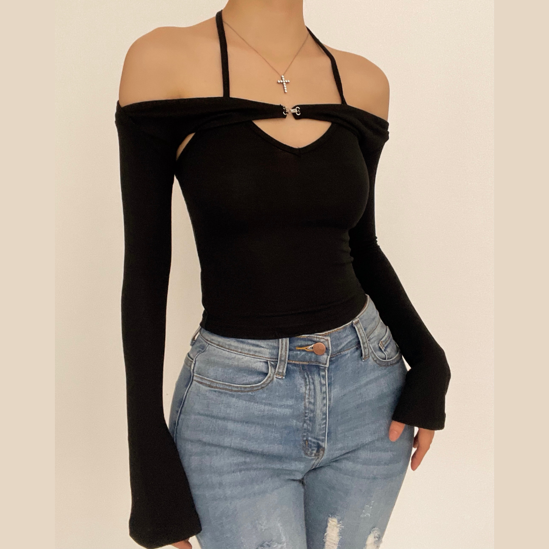 Long sleeve off shoulder knitted 2 piece top
