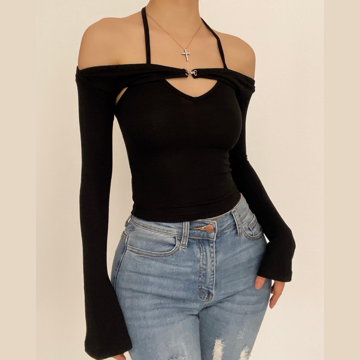 Long sleeve off shoulder knitted 2 piece top
