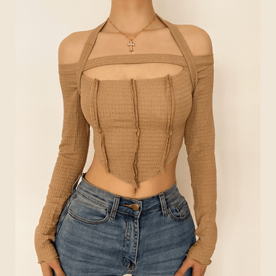 Hollow out front ruffled solid halter crop top - Halibuy