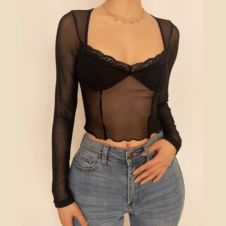 Hem lace ruffled long sleeve mesh crop top - Halibuy