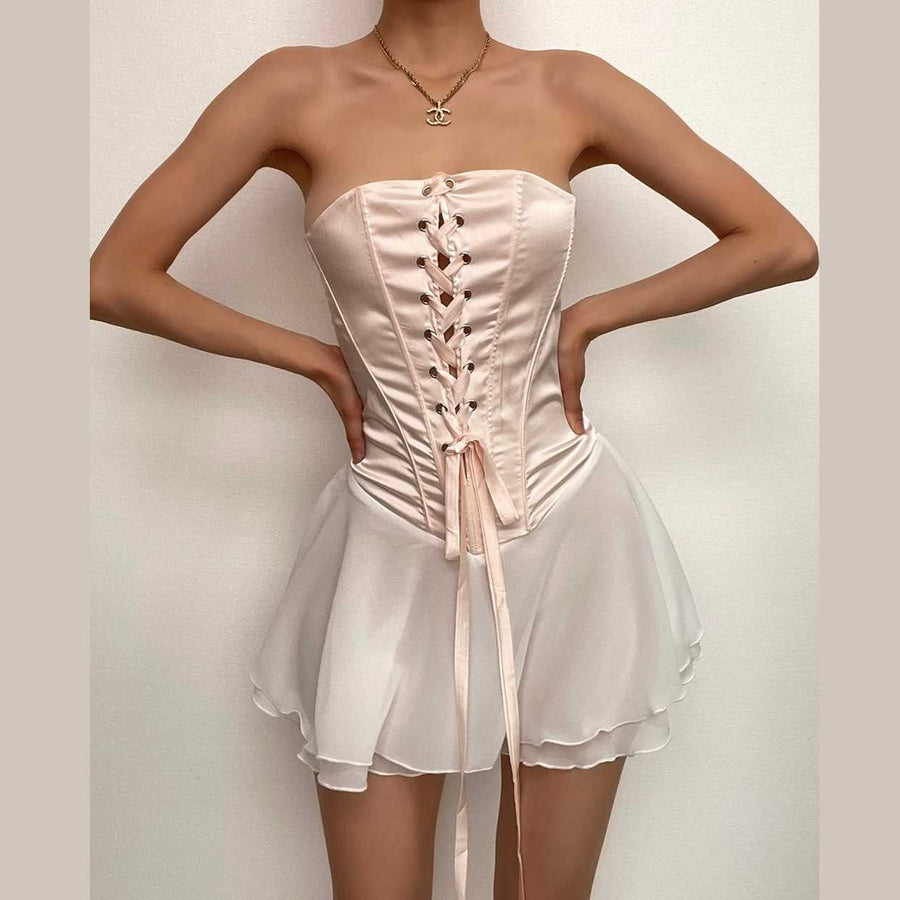 Contrast lace up zip-up ruffle backless tube mini dress