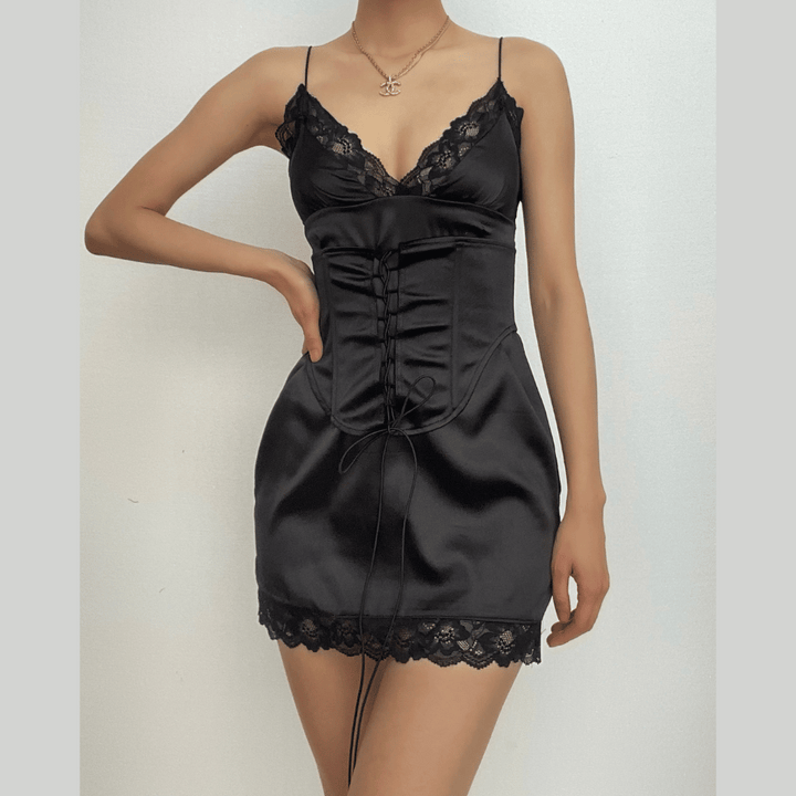 Lace hem solid v neck lace up corset sleeveless mini dress - Final Sale