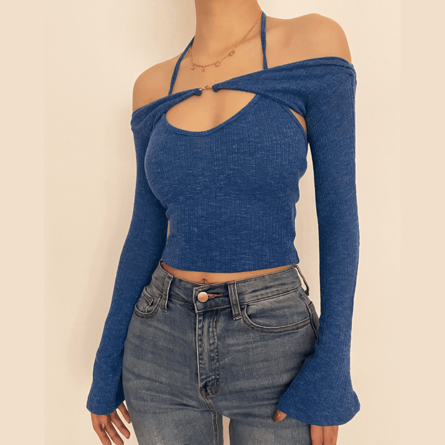 Long sleeve off shoulder knitted 2 piece top
