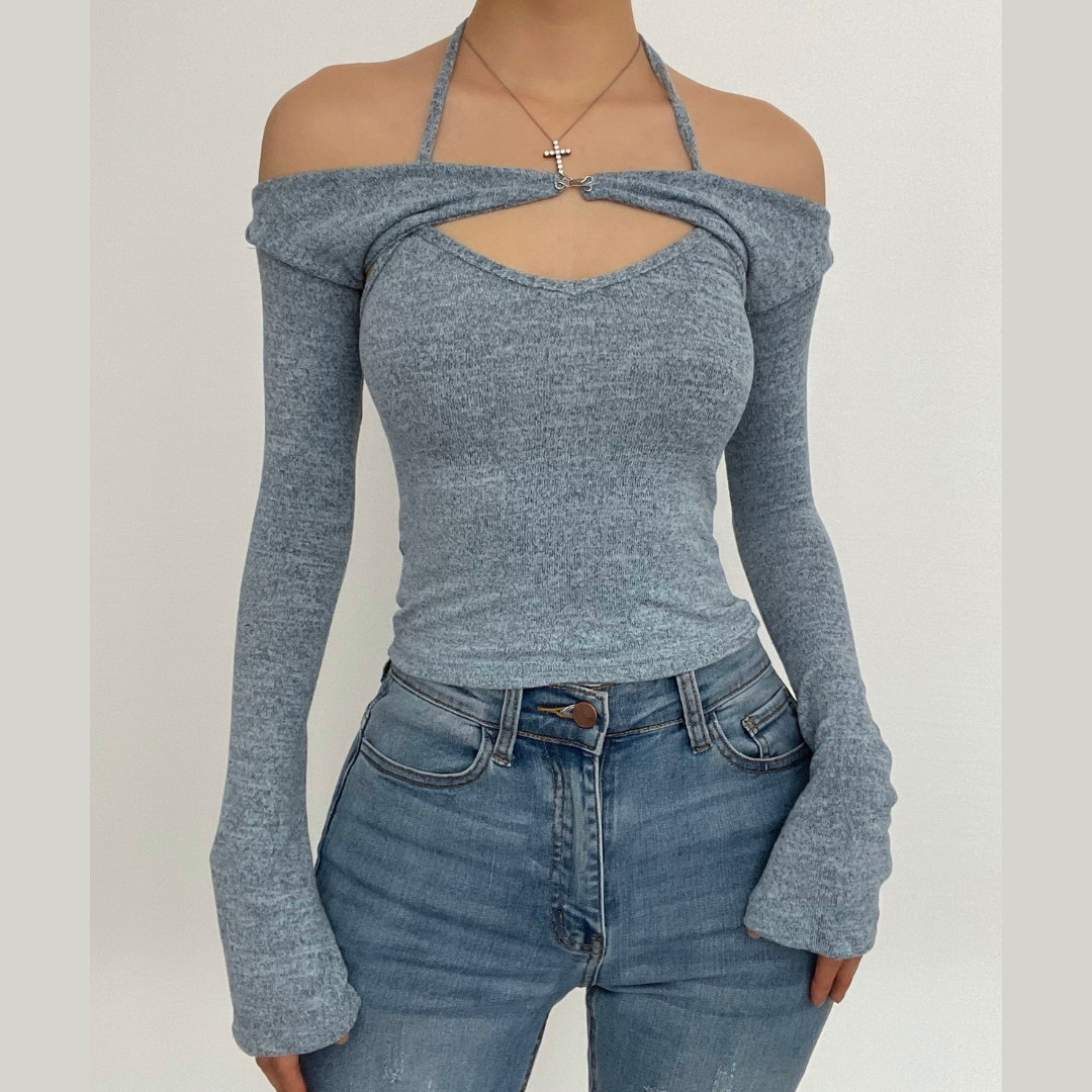 Long sleeve off shoulder knitted 2 piece top