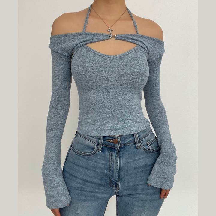 Long sleeve off shoulder knitted 2 piece top
