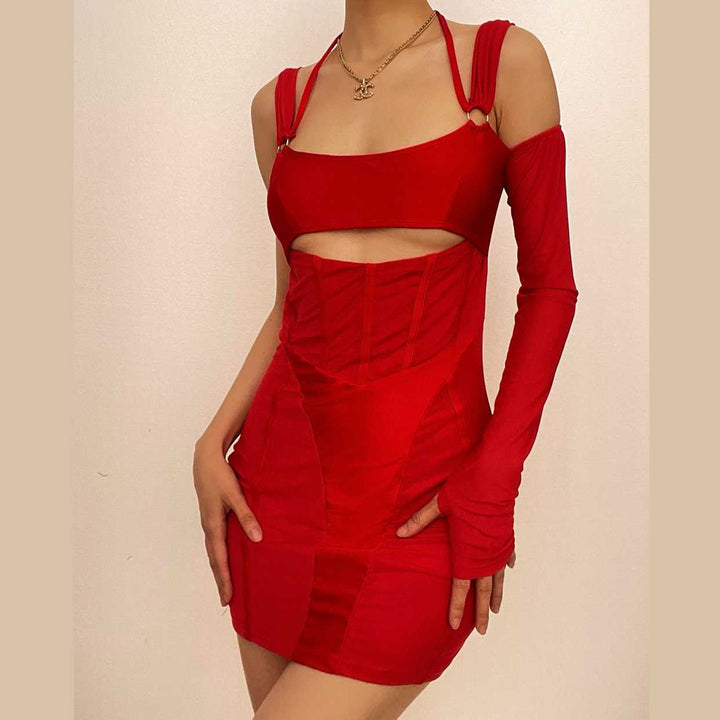 Gloves mesh corset off shoulder hollow out long sleeve halter cut out mini dress