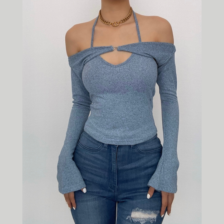 Long sleeve off shoulder knitted 2 piece top