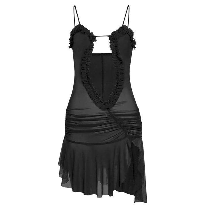 Ruched ruffle slit sheer mesh hollow out cami cut out mini dress-final-sale
