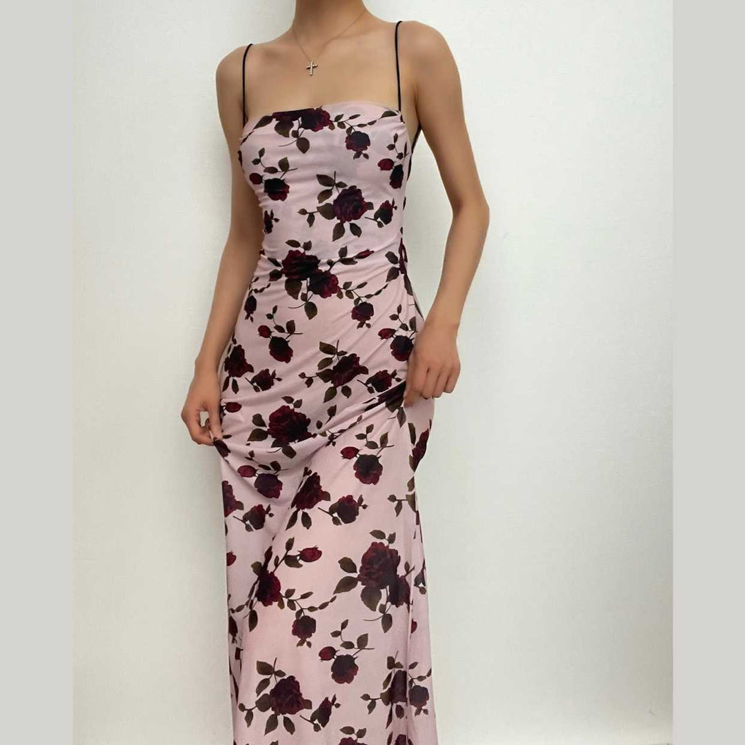 Flower print low cut spaghetti strap contrast lace up backless midi dr Halibuy Flower print low cut spaghetti strap contrast lace up backless midi dr Halibuy