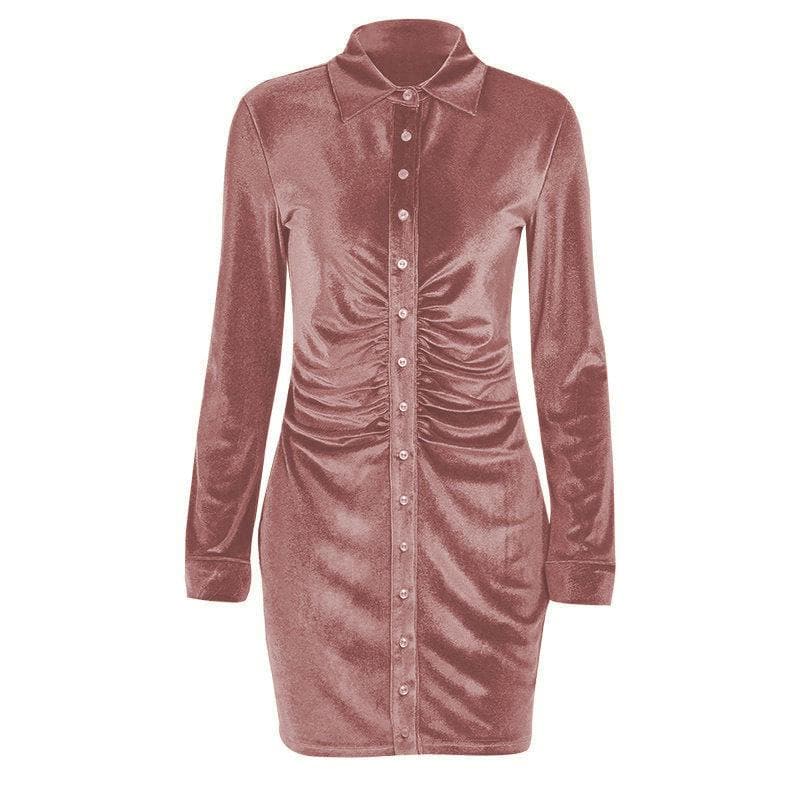 Button-through turnover collar ruched dress - Halibuy