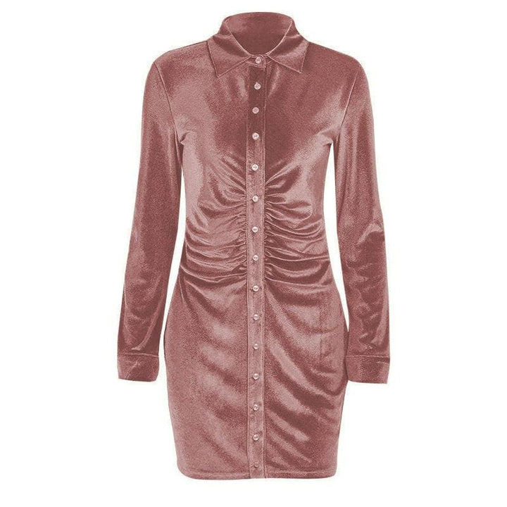 Button-through turnover collar ruched dress - Halibuy