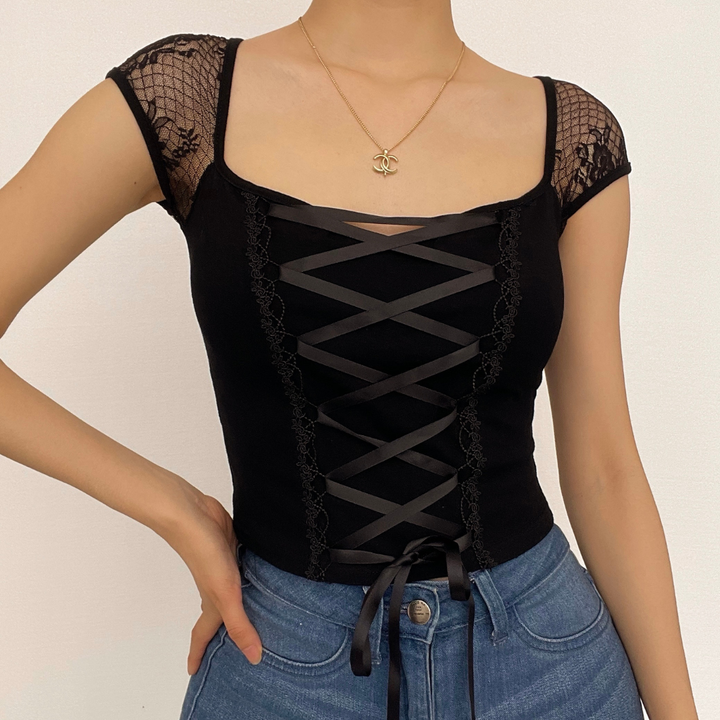 Self tie lace hem square neck cap sleeve crop top
