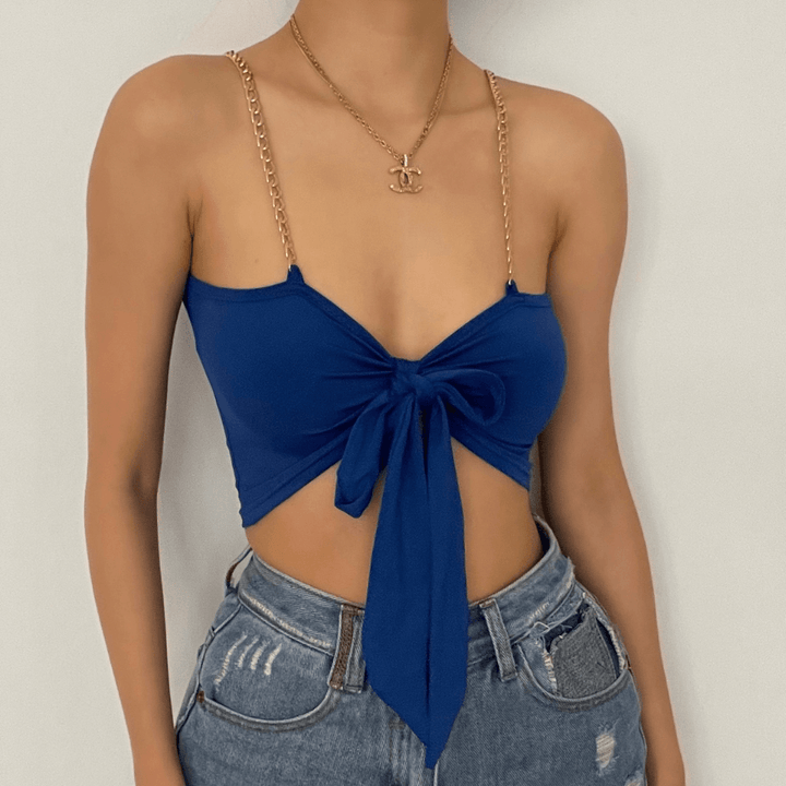 Metal chain knotted ruched solid crop top - Halibuy