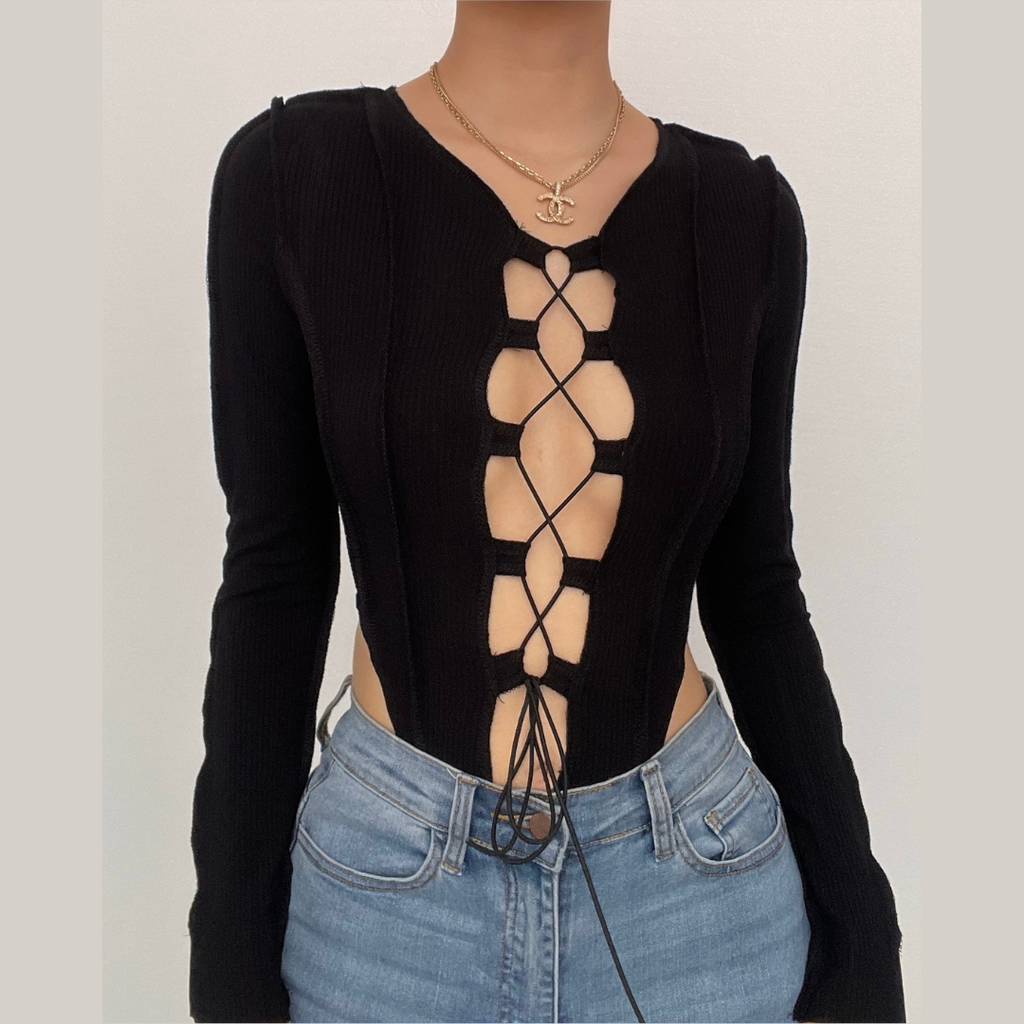 Hollow out solid long sleeve button lace up bodysuit – Halibuy