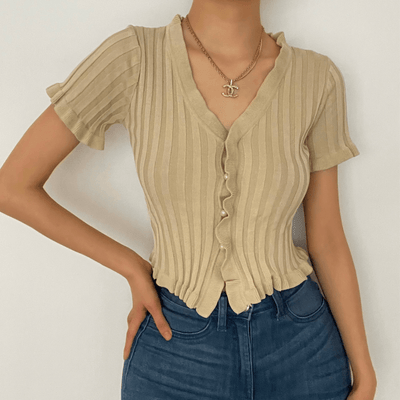 Short sleeve ribbed ruffled buttoned crop top - Halibuy