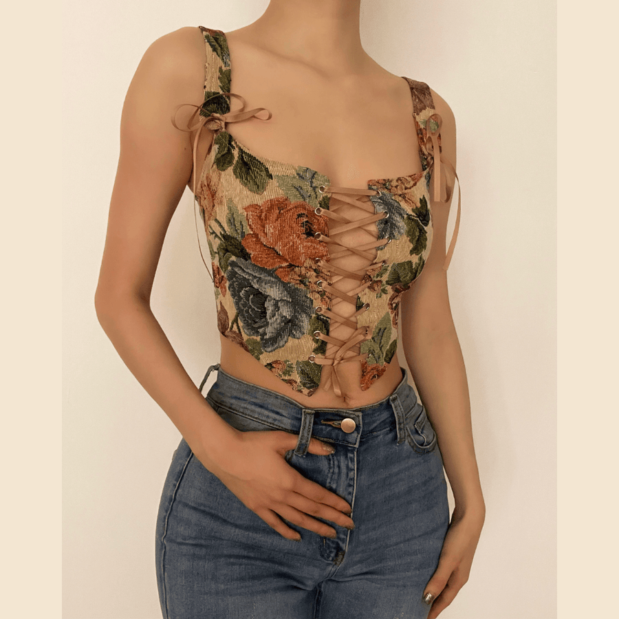 Print bow tie lace up bustier crop top