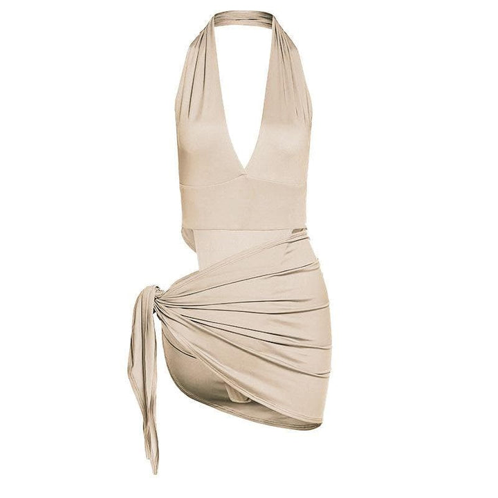 Halter V Neck knotted Ruched Bodycon Dress - Halibuy