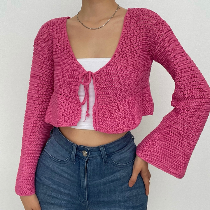 V neck self tie knit crochet long sleeve solid crop top