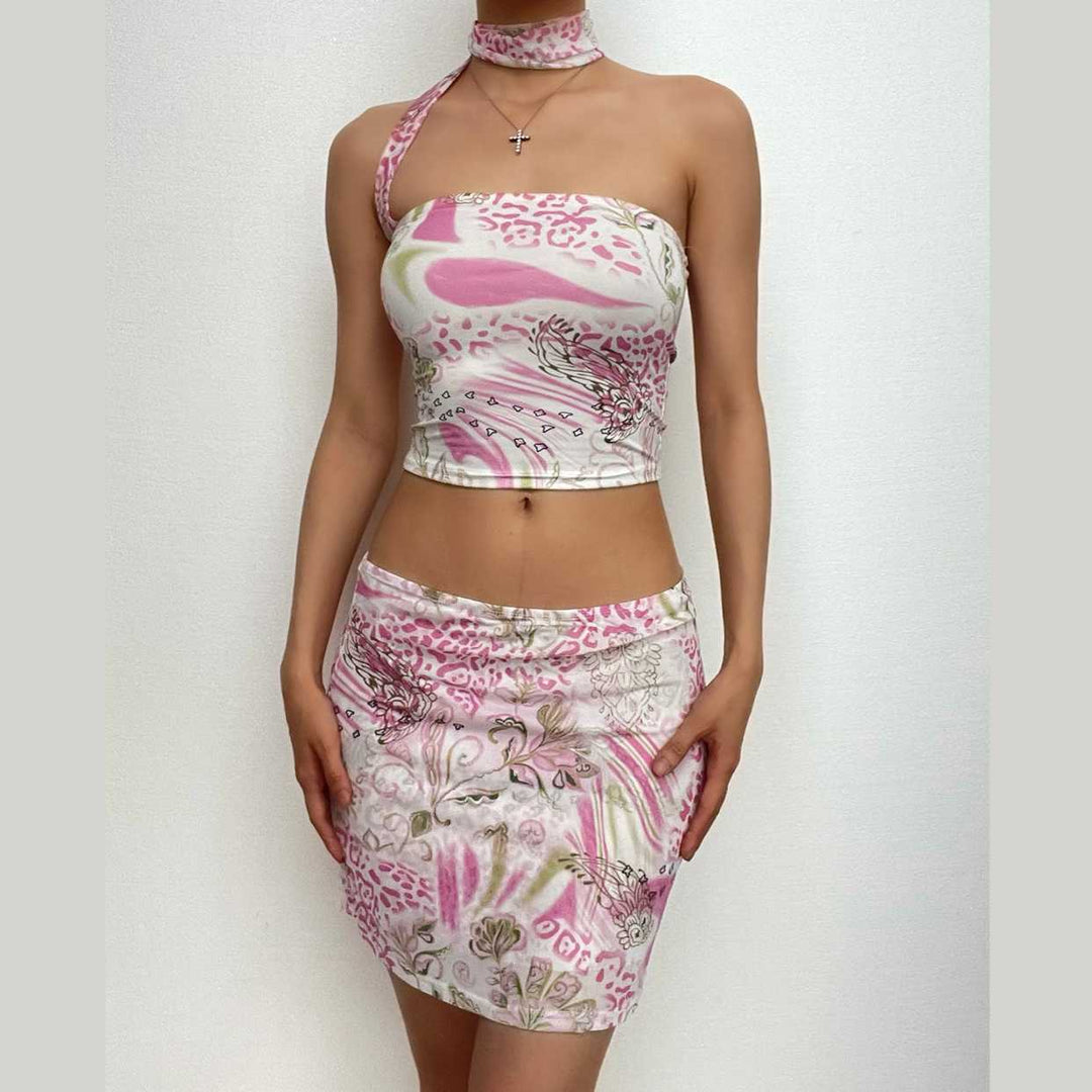 Halter contrast leopard print ribbon mini skirt set  | Leopard Print Mini Dress