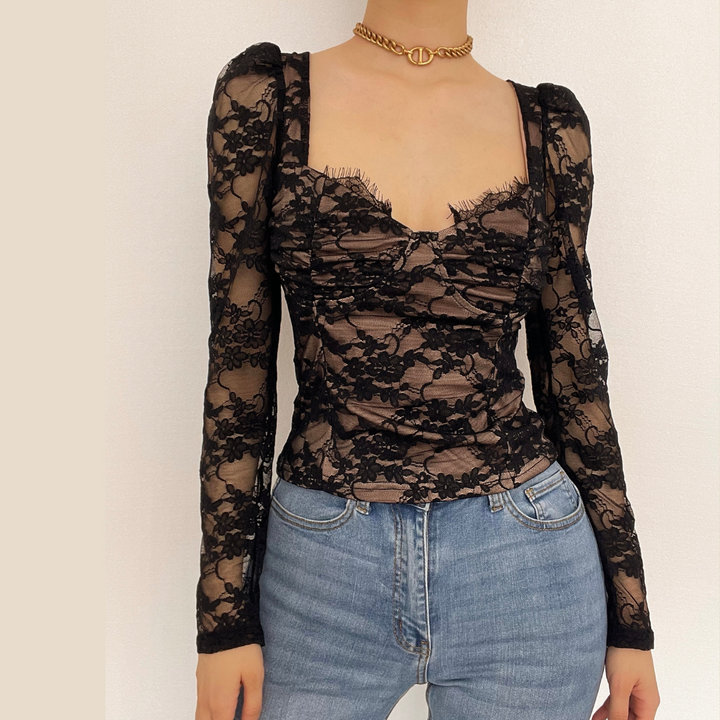 V neck eyelash lace puff long sleeve top