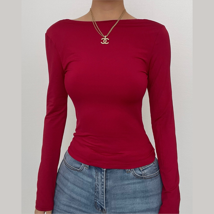Hollow out solid long sleeve backless cut out top-final-sale