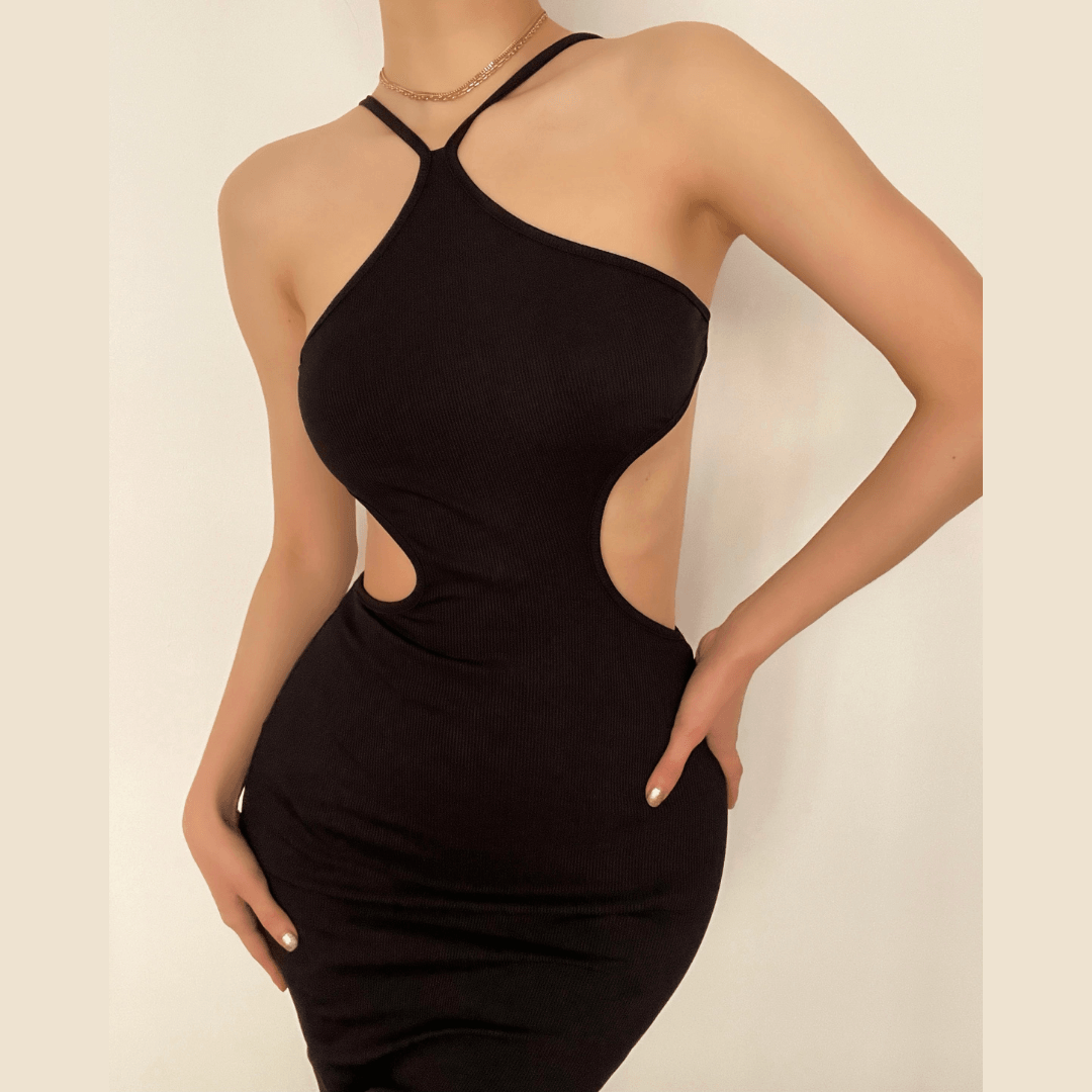 Hollow out halter open back ribbed midi dress - Halibuy