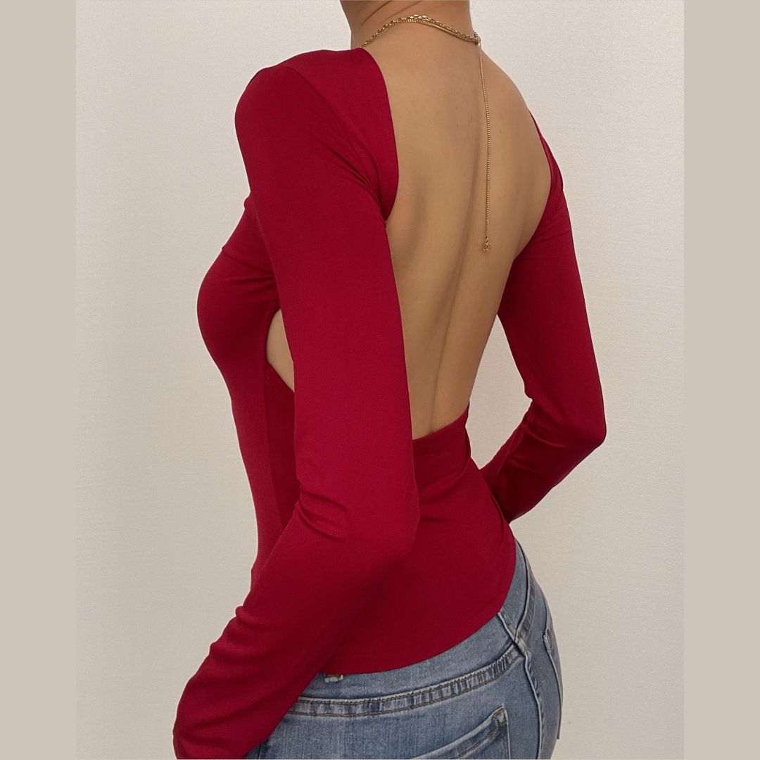 Hollow out solid long sleeve backless cut out top-final-sale