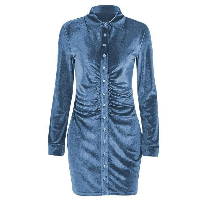 Button-through turnover collar ruched dress - Halibuy