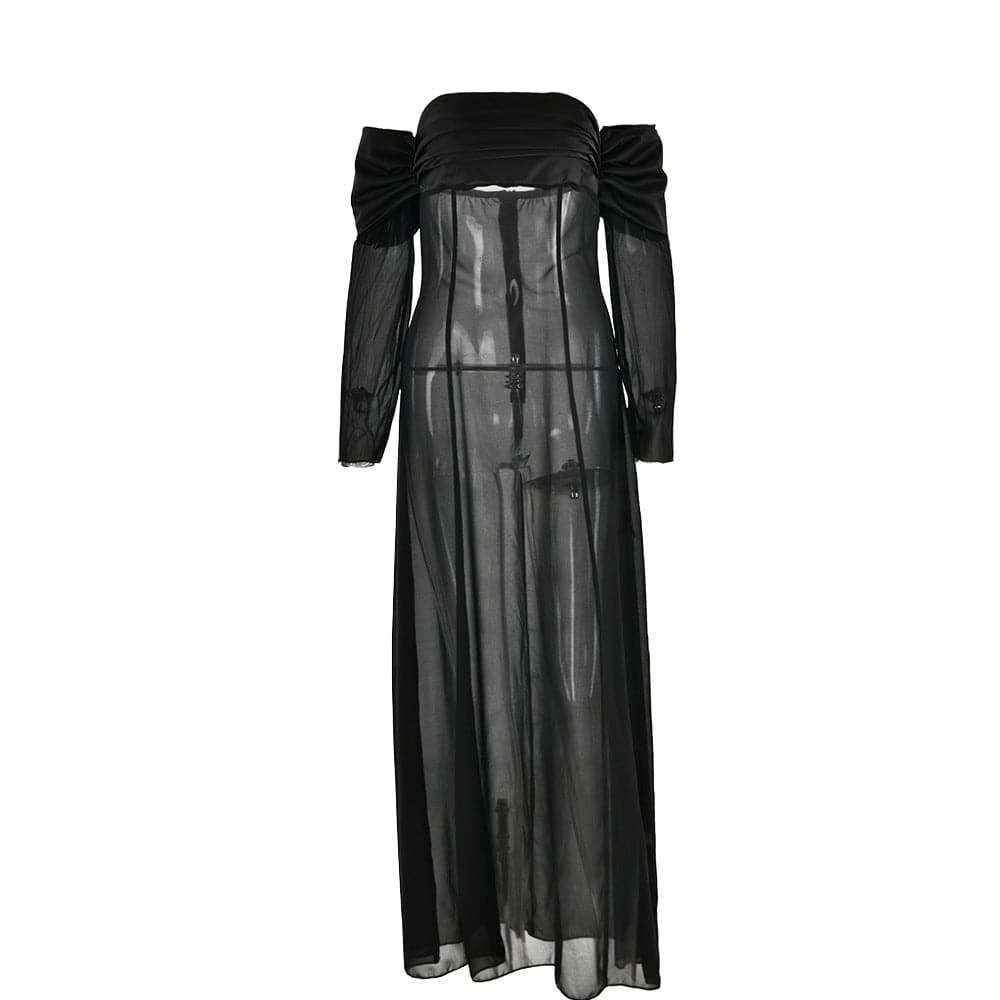 Long sleeve off shoulder ruched see through mesh maxi dress- Final Sale  | Festival Outfits Women
