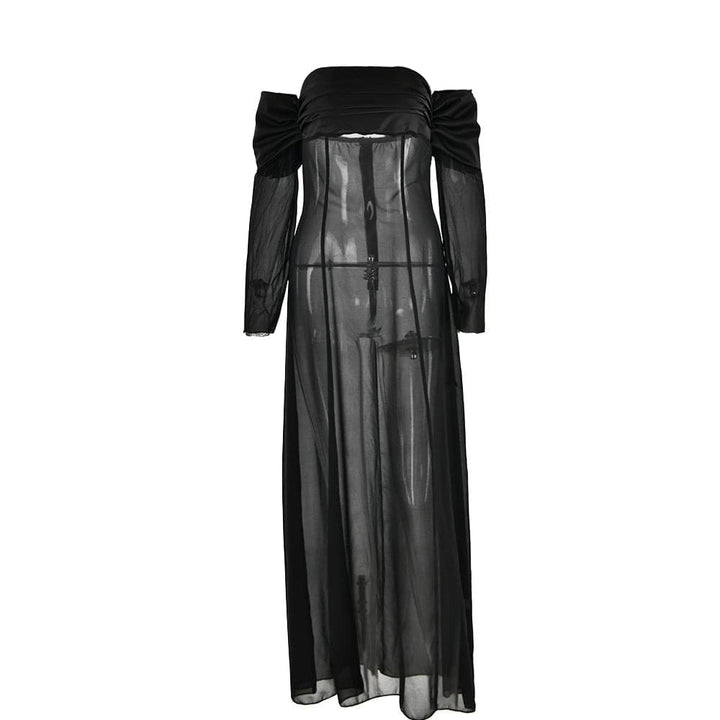 Long sleeve off shoulder ruched see through mesh maxi dress- Final Sale  | Festival Outfits Women