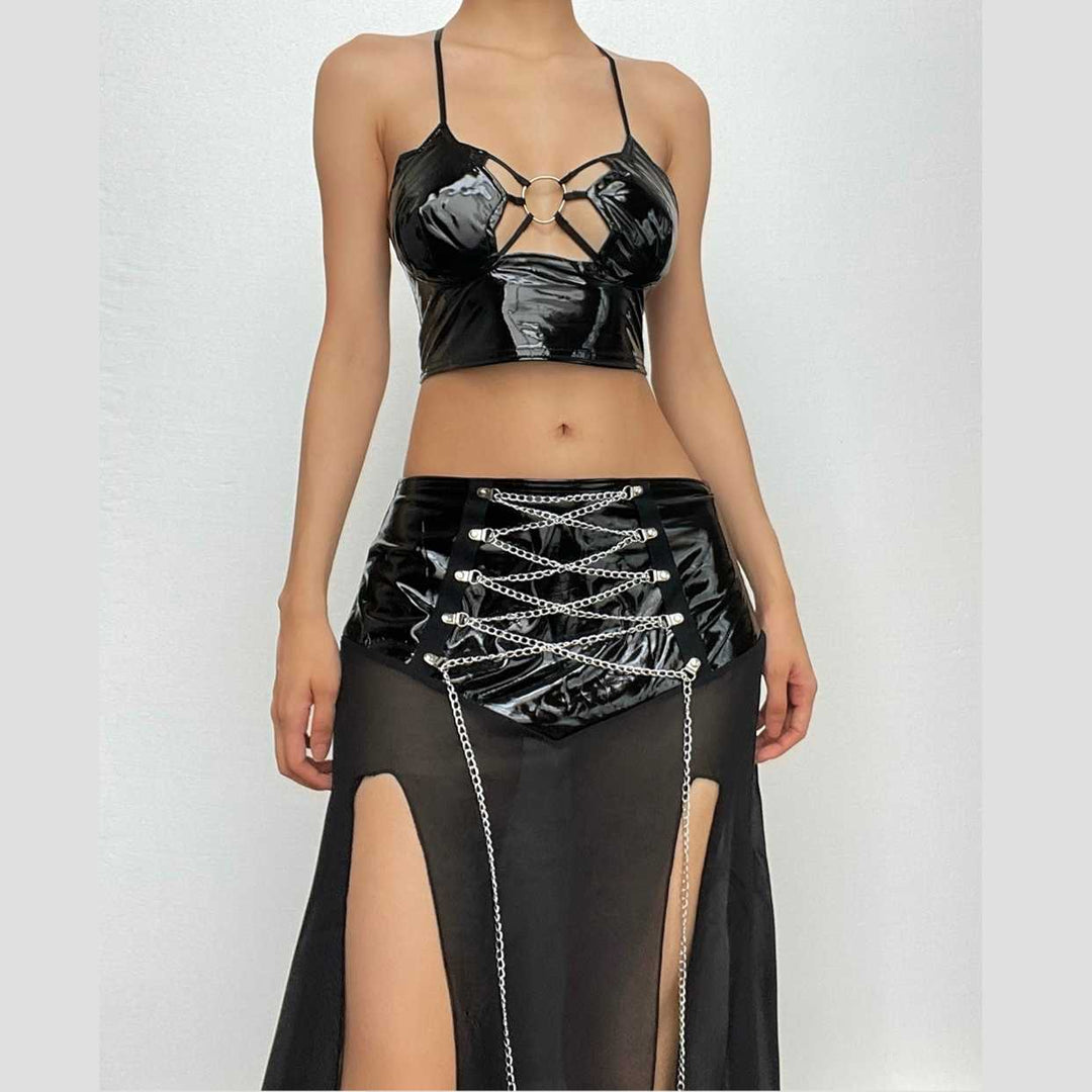 Halter hollow out PU leather o ring backless solid crop top-final-sale