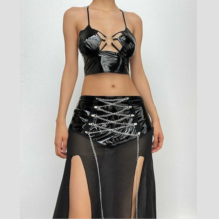 Halter hollow out PU leather o ring backless solid crop top-final-sale