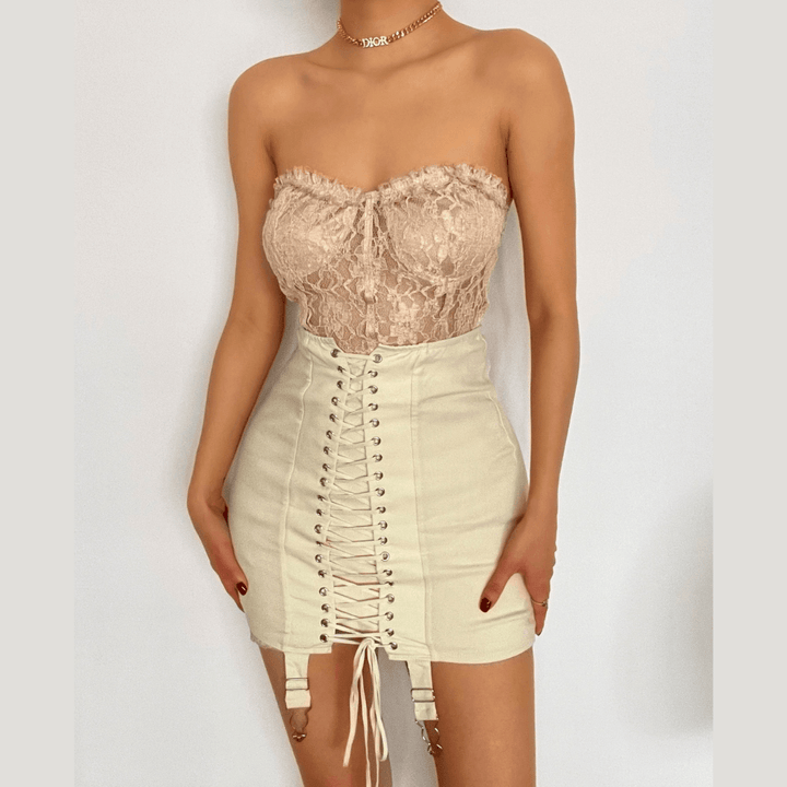 Lace up front high waist vintage skirt - Halibuy