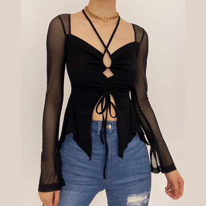 Mesh hollow out slit drawstring long sleeve halter self tie crop cut out top-final-sale
