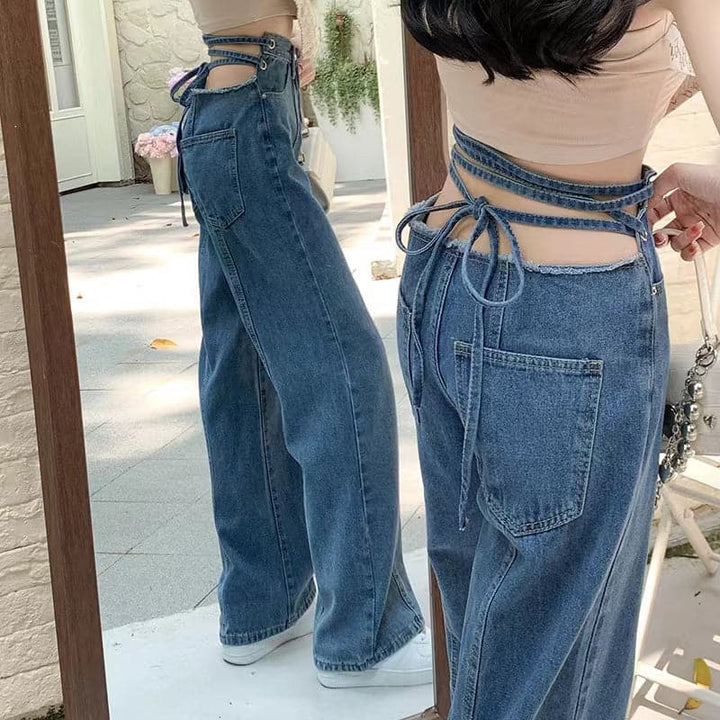 Lace up self tie straight leg high rise raw hem jeans-final-sale