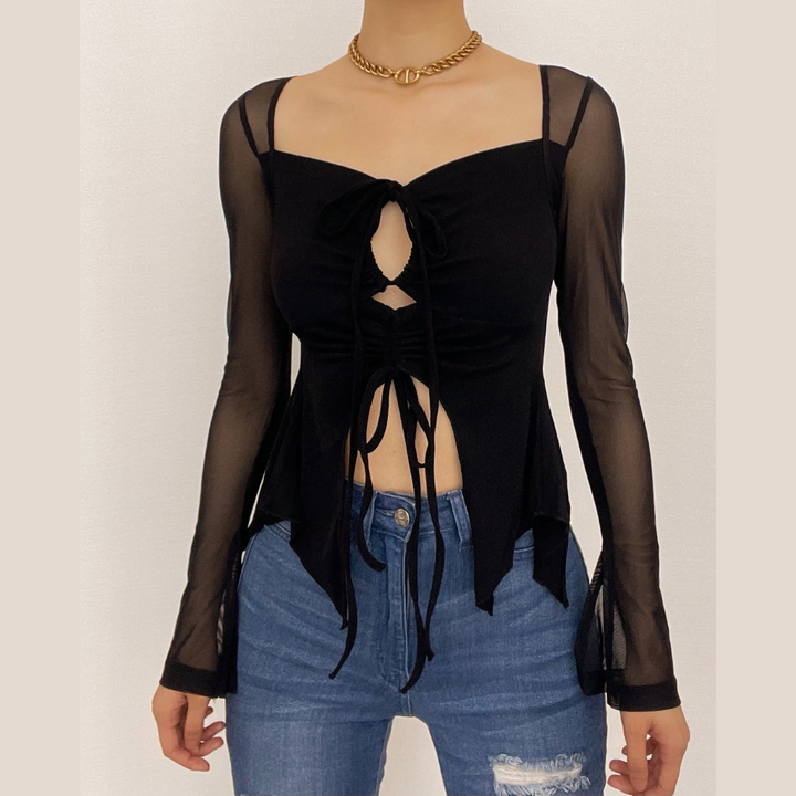 Mesh hollow out slit drawstring long sleeve halter self tie crop cut out top-final-sale