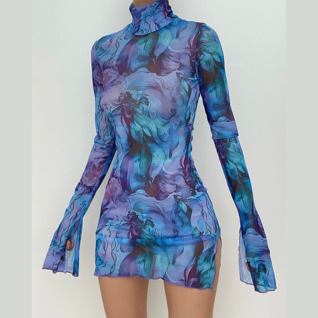 Sheer mesh see through print high neck slit long sleeve mini dress ...