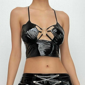 Halter hollow out PU leather o ring backless solid crop top-final-sale