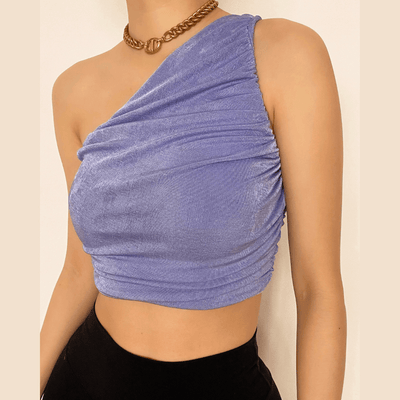 Double-layered sleeveless one shoulder ruched top - Halibuy