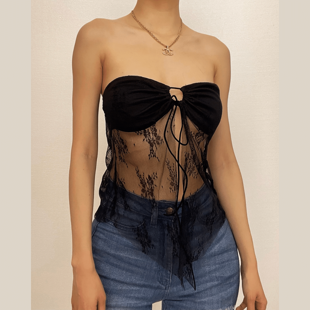 Sweetheart neck solid lace hem backless lace up tube top-final-sale