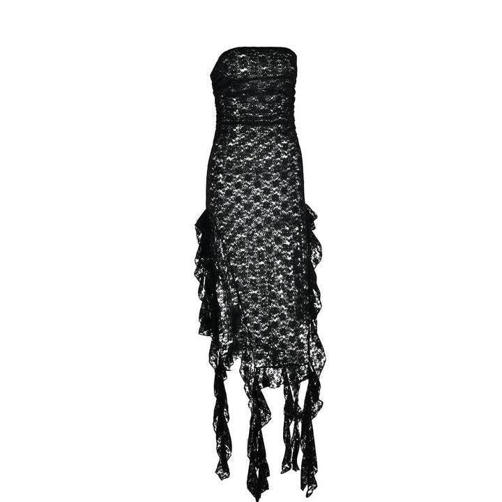 Lace ruffle solid high slit see through tube midi dress  | Festival Outfits Women