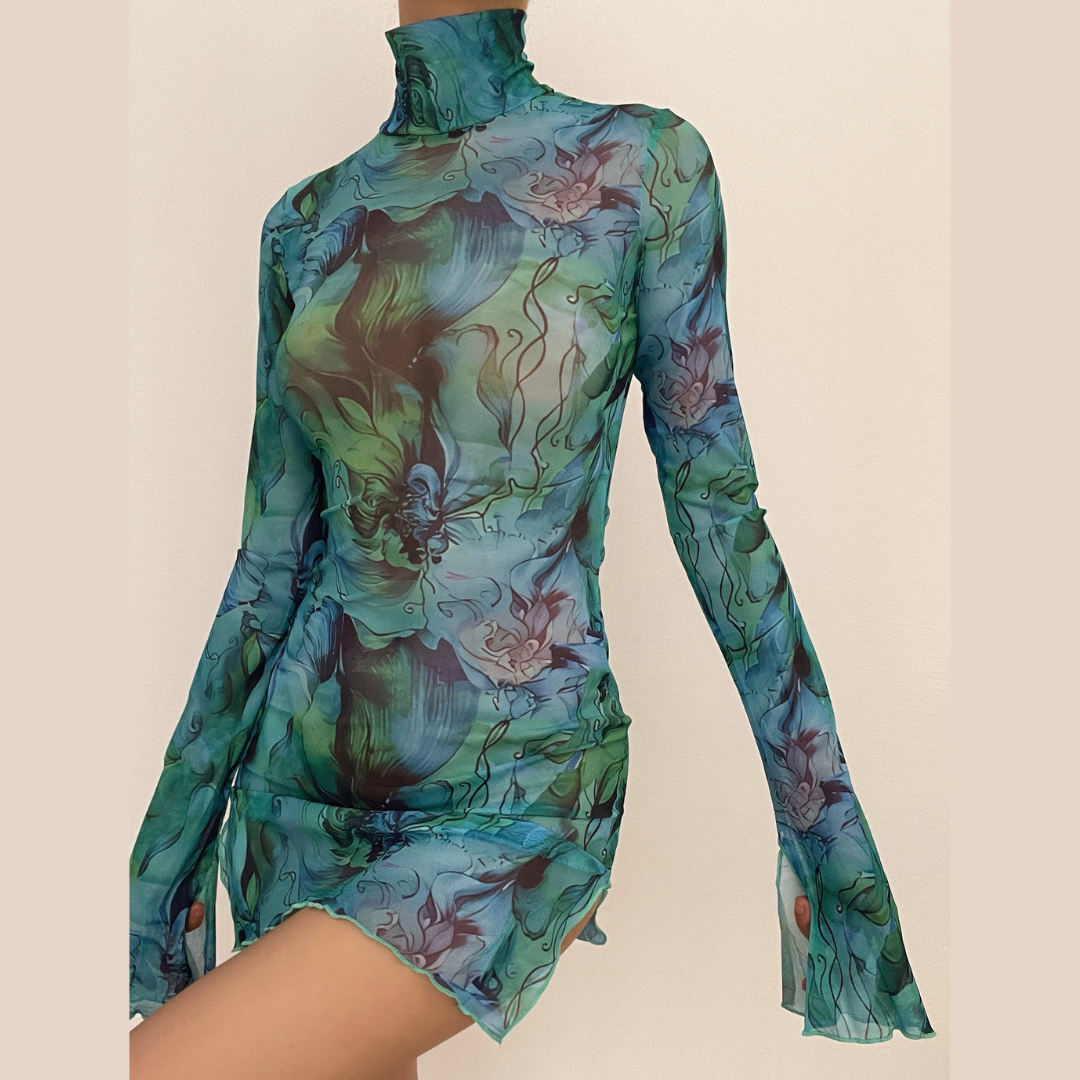 mesh see through print dress Sheer mesh see through print high neck slit long sleeve mini dress – Halibuy