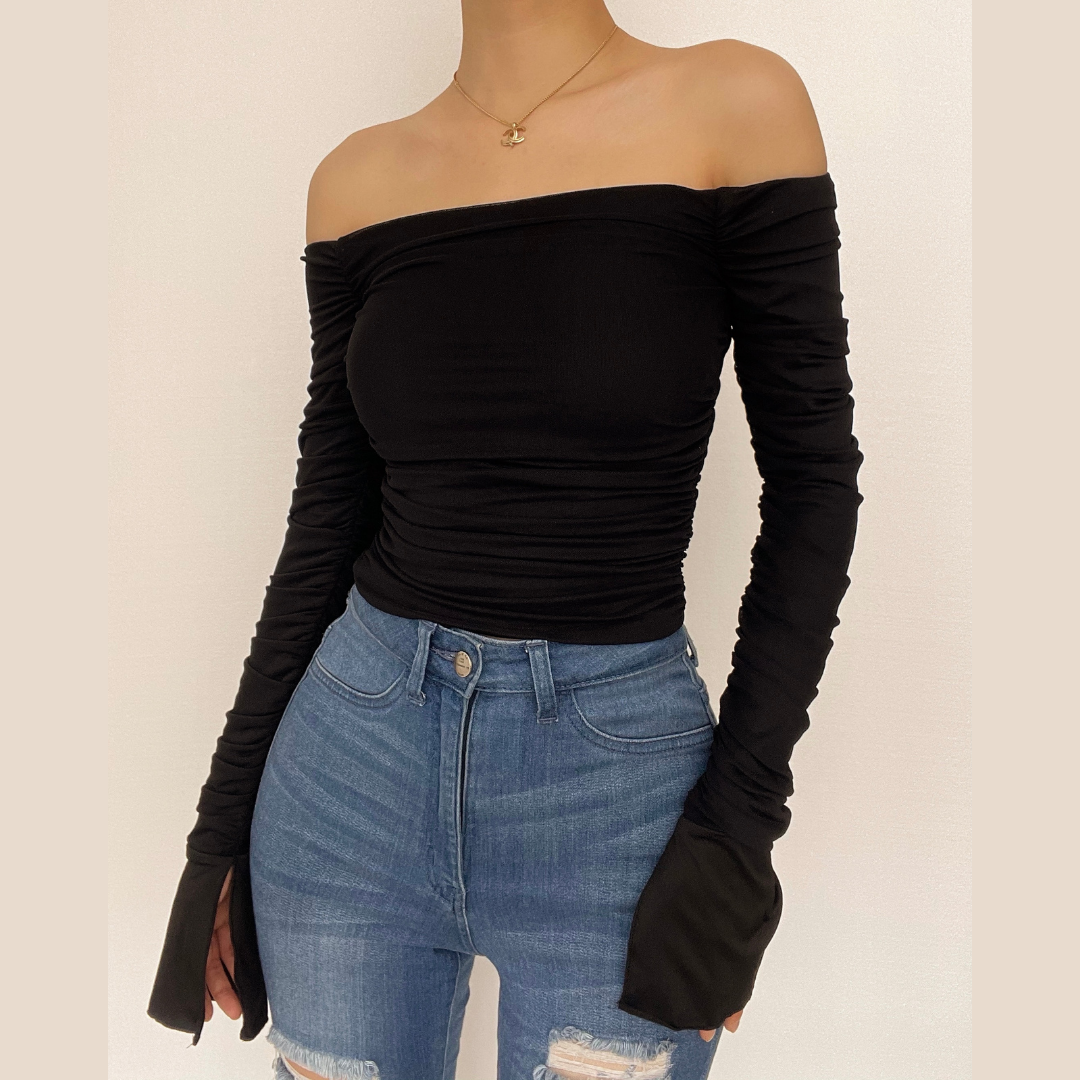 Double layered mesh off shoulder ruched long sleeve solid crop top | Mesh Long Sleeve Crop Top