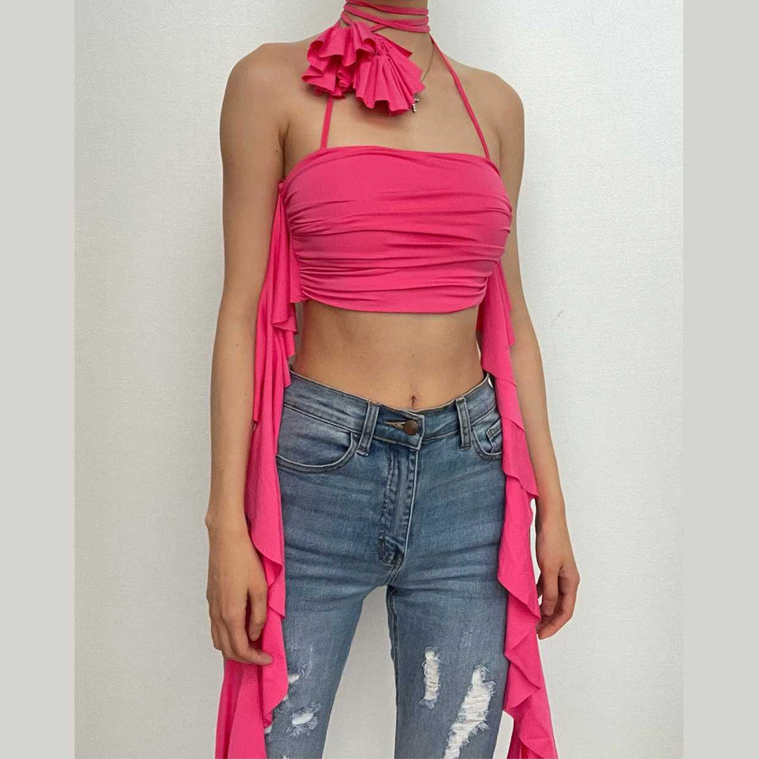 Solid halter flower applique ribbon ruched backless crop top