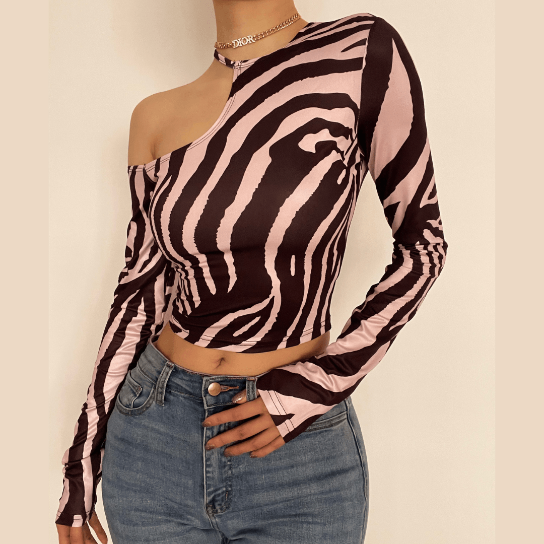 Long sleeve off shoulder zebra print crop top - Halibuy