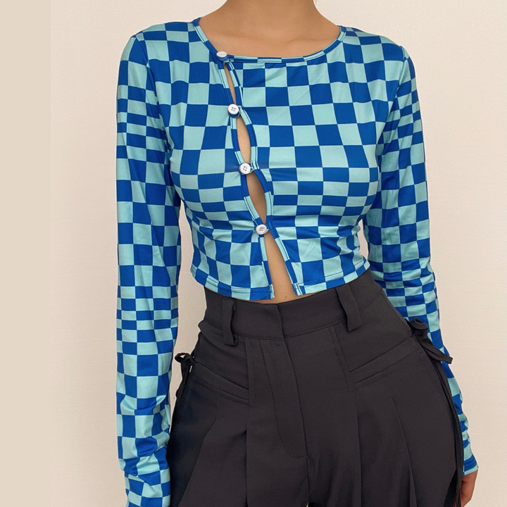 Plaid contrast button hollow out long sleeve crop cut out top