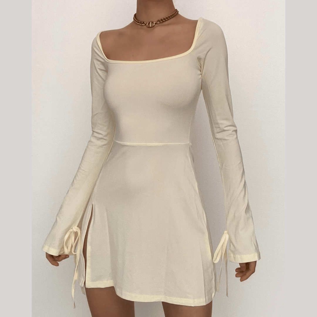 Long sleeve solid slit square neck self tie mini dress – Halibuy