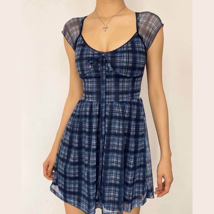 Mesh short sleeve plaid A line ruffled dress - Halibuy